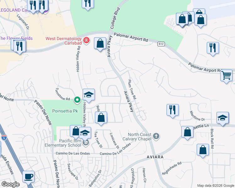 map of restaurants, bars, coffee shops, grocery stores, and more near 6482 Torreyanna Circle in Carlsbad