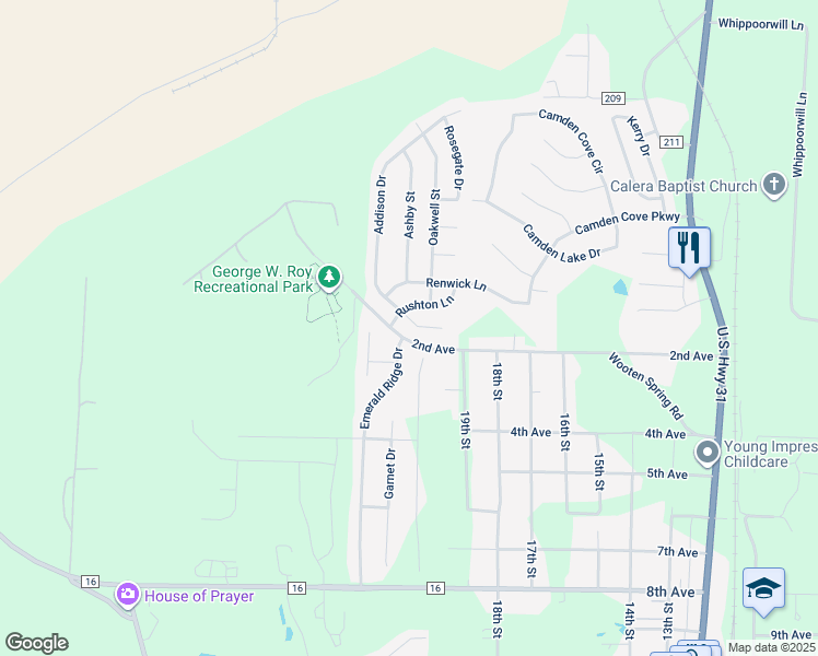 map of restaurants, bars, coffee shops, grocery stores, and more near 129 Addison Drive in Calera