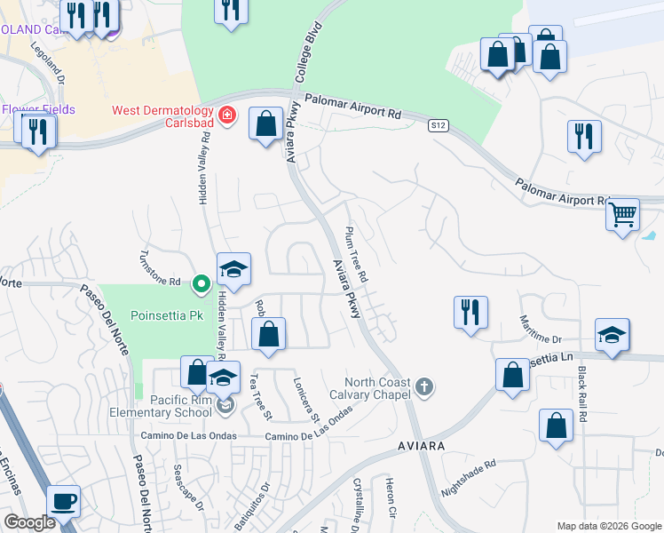 map of restaurants, bars, coffee shops, grocery stores, and more near 6482 Torreyanna Circle in Carlsbad