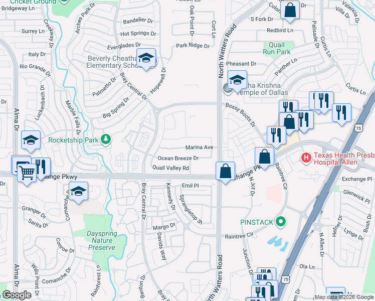 map of restaurants, bars, coffee shops, grocery stores, and more near 1035 Marina Circle in Allen