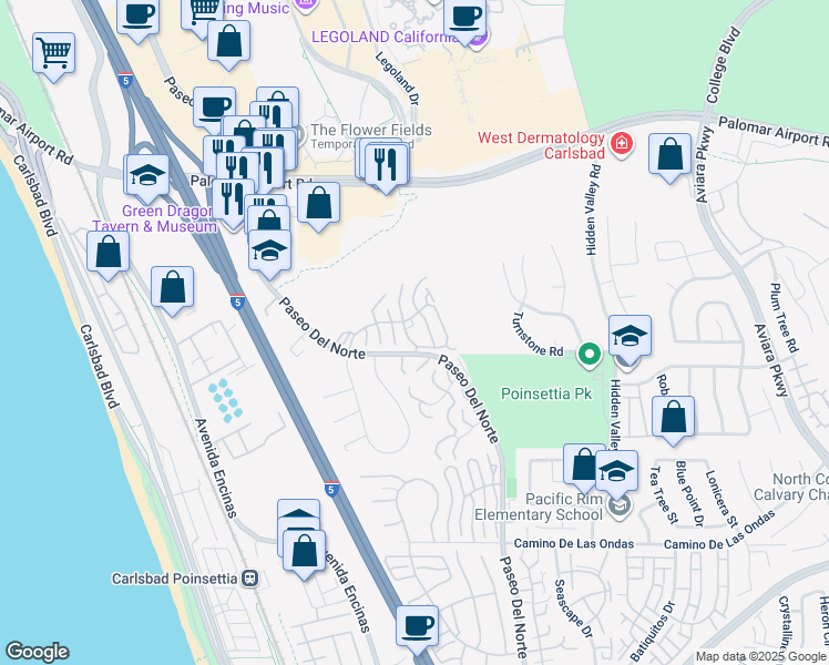 map of restaurants, bars, coffee shops, grocery stores, and more near 6555 Sea Gate Road in Carlsbad
