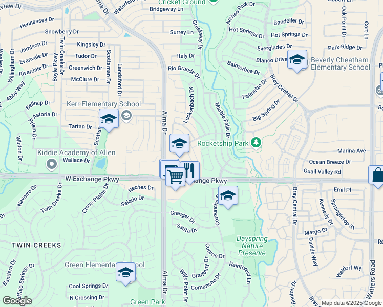 map of restaurants, bars, coffee shops, grocery stores, and more near 1222 Concho Drive in Allen
