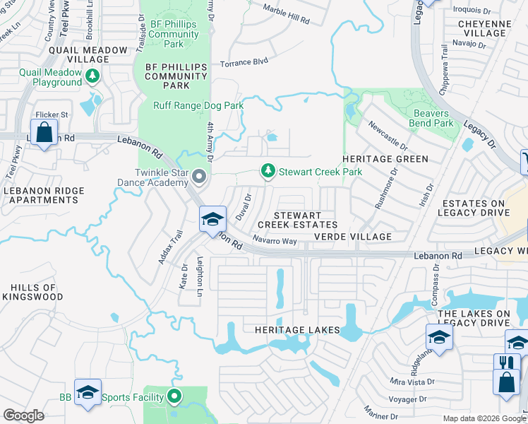 map of restaurants, bars, coffee shops, grocery stores, and more near 3801 Frio Way in Frisco