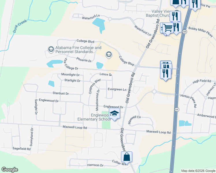map of restaurants, bars, coffee shops, grocery stores, and more near 1901 Lenox Drive in Tuscaloosa