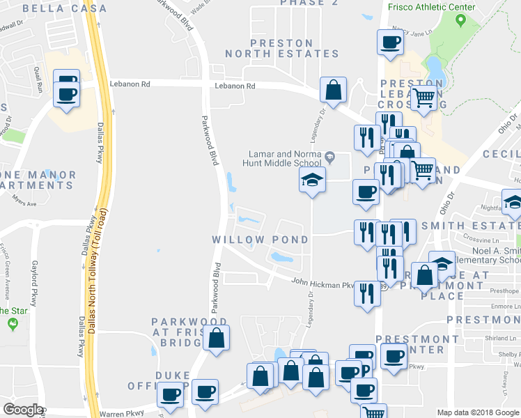 map of restaurants, bars, coffee shops, grocery stores, and more near 56 Secluded Avenue in Frisco