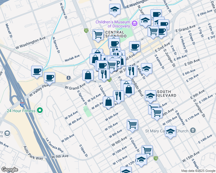 map of restaurants, bars, coffee shops, grocery stores, and more near 246 South Quince Street in Escondido