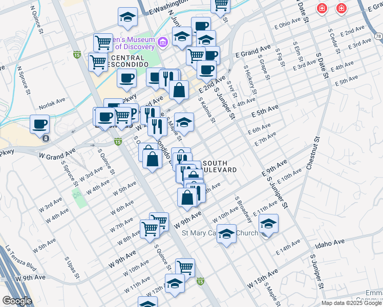 map of restaurants, bars, coffee shops, grocery stores, and more near 159 West 5th Avenue in Escondido