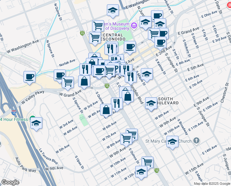 map of restaurants, bars, coffee shops, grocery stores, and more near 317 Antoni Glen in Escondido