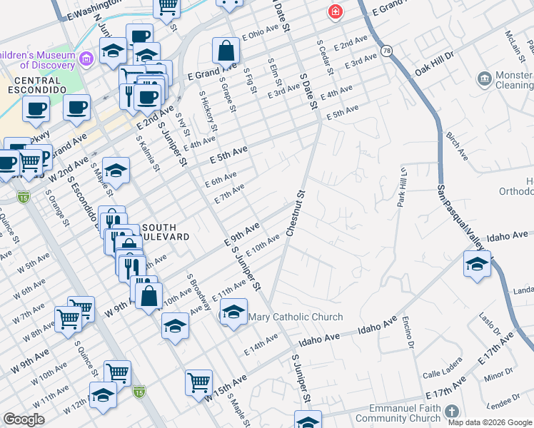 map of restaurants, bars, coffee shops, grocery stores, and more near 506 East 9th Avenue in Escondido