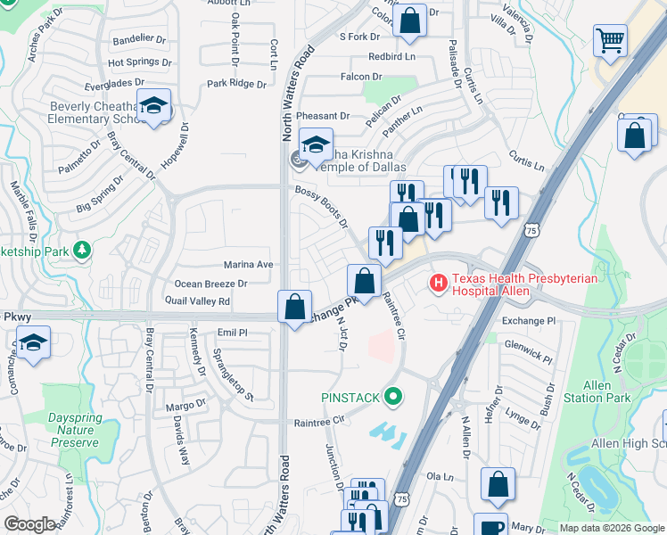 map of restaurants, bars, coffee shops, grocery stores, and more near 915 West Exchange Parkway in Allen