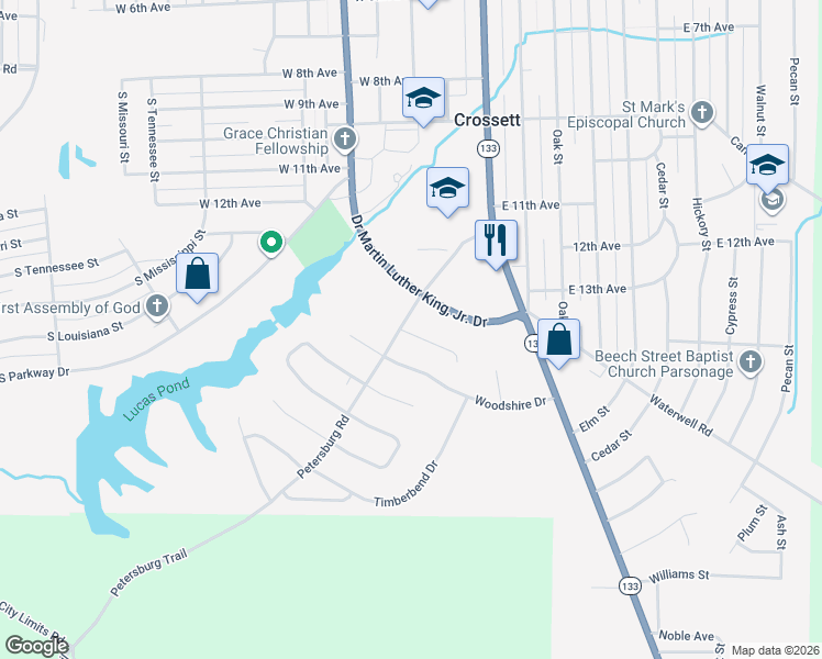 map of restaurants, bars, coffee shops, grocery stores, and more near Stonegate Court in Crossett