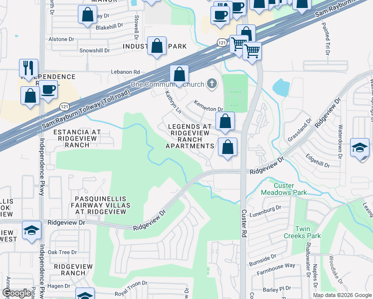 map of restaurants, bars, coffee shops, grocery stores, and more near 2300 Kathryn Lane in Plano