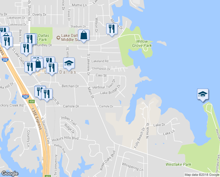 map of restaurants, bars, coffee shops, grocery stores, and more near 712 Harbour Town Drive in Lake Dallas