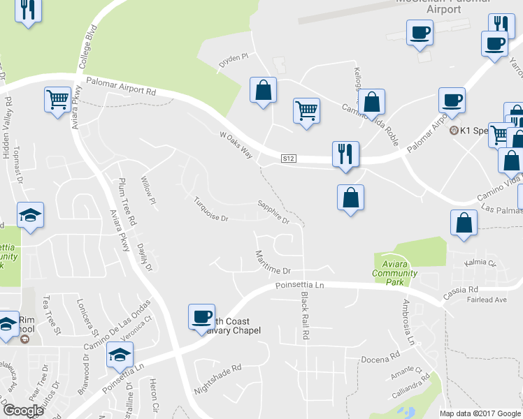 map of restaurants, bars, coffee shops, grocery stores, and more near 6438 Agate Way in Carlsbad