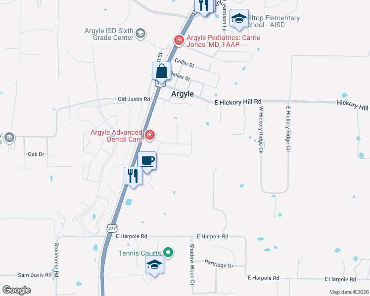 map of restaurants, bars, coffee shops, grocery stores, and more near 310 Chisholm Trail in Argyle
