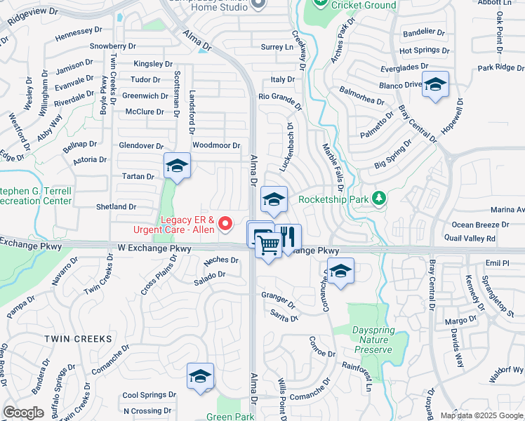 map of restaurants, bars, coffee shops, grocery stores, and more near 1431 Cibolo Drive in Allen