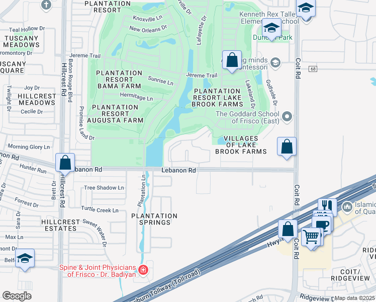 map of restaurants, bars, coffee shops, grocery stores, and more near 11700 Lebanon Road in Frisco