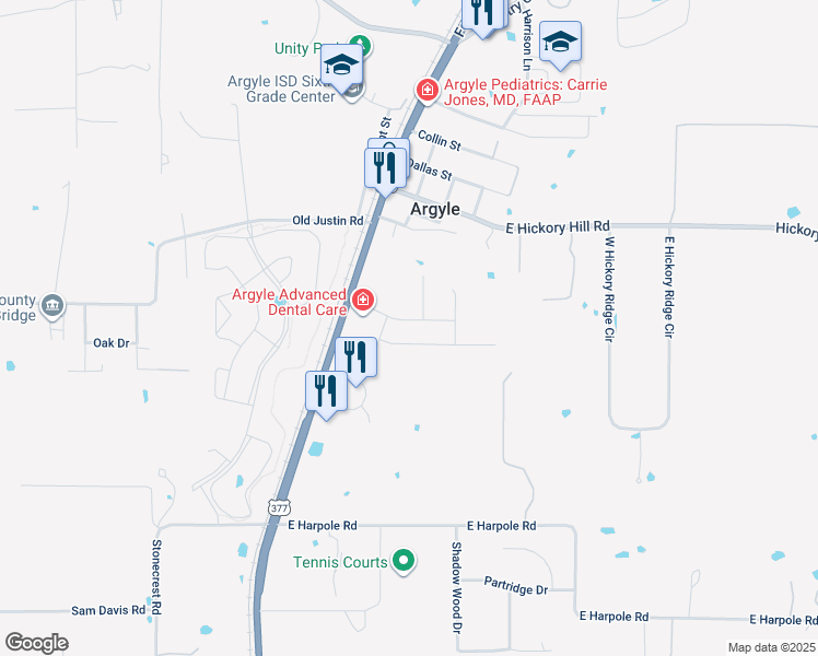 map of restaurants, bars, coffee shops, grocery stores, and more near 210 Chisholm Trail in Argyle