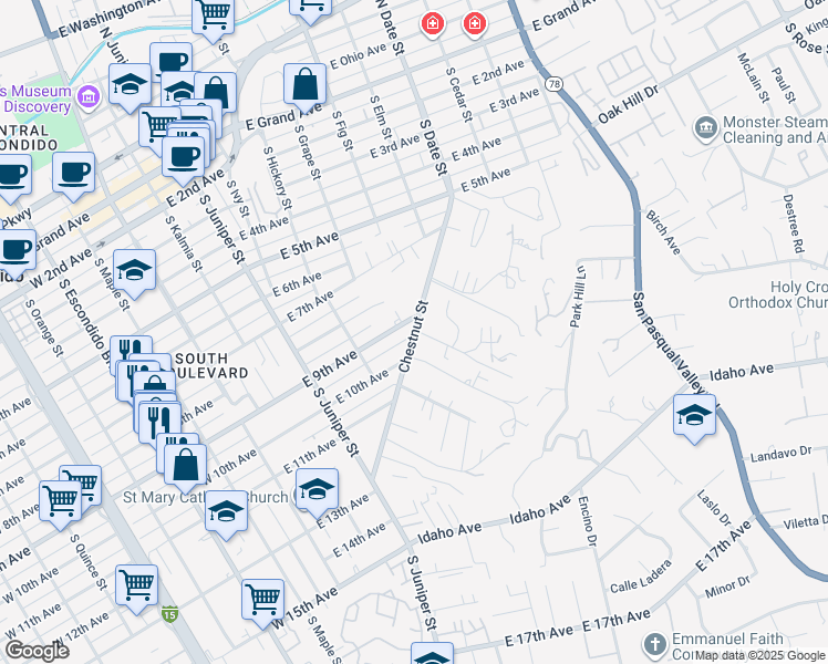 map of restaurants, bars, coffee shops, grocery stores, and more near 929 Chestnut Street in Escondido