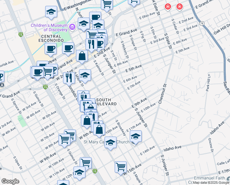 map of restaurants, bars, coffee shops, grocery stores, and more near 637 South Kalmia Street in Escondido