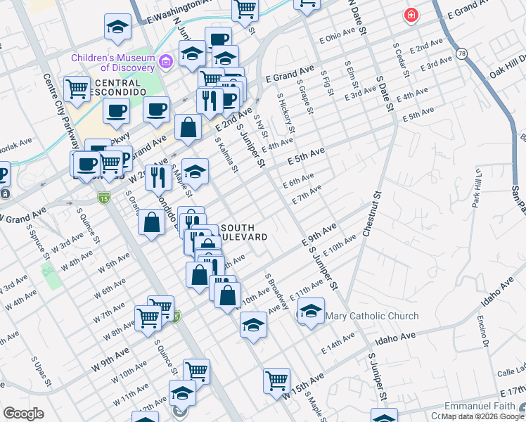 map of restaurants, bars, coffee shops, grocery stores, and more near 637 South Kalmia Street in Escondido