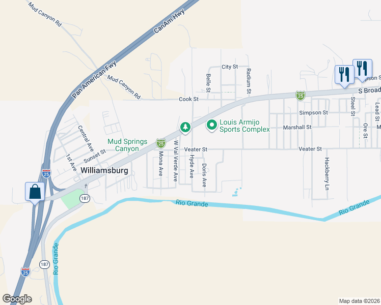 map of restaurants, bars, coffee shops, grocery stores, and more near Hyde Avenue in Truth or Consequences