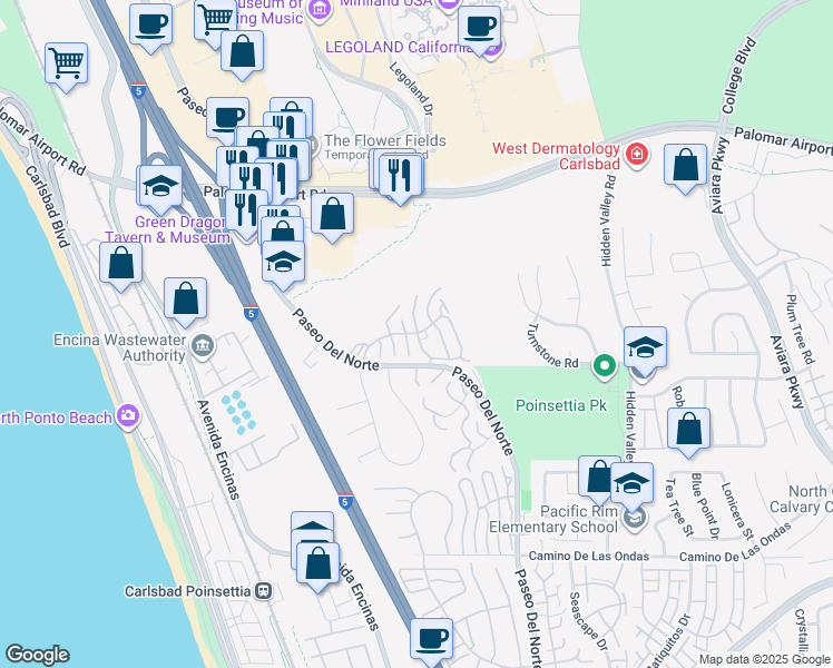 map of restaurants, bars, coffee shops, grocery stores, and more near Sea Gate Road & Mariner Street in Carlsbad