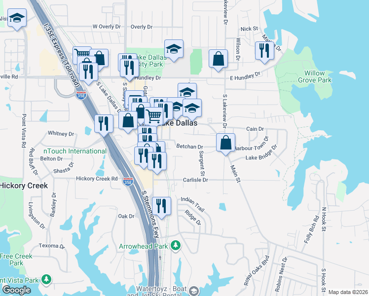 map of restaurants, bars, coffee shops, grocery stores, and more near 440 Betchan Drive in Lake Dallas