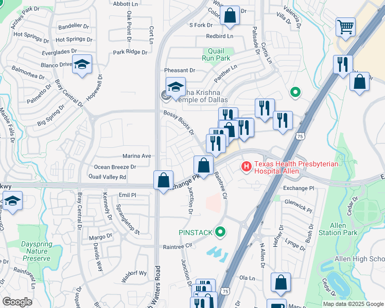map of restaurants, bars, coffee shops, grocery stores, and more near 915 West Exchange Parkway in Allen