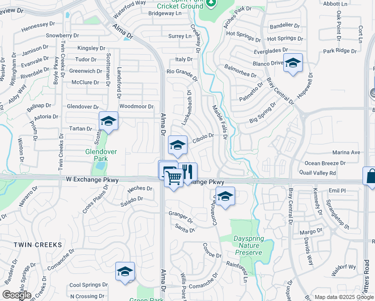 map of restaurants, bars, coffee shops, grocery stores, and more near 1222 Concho Drive in Allen