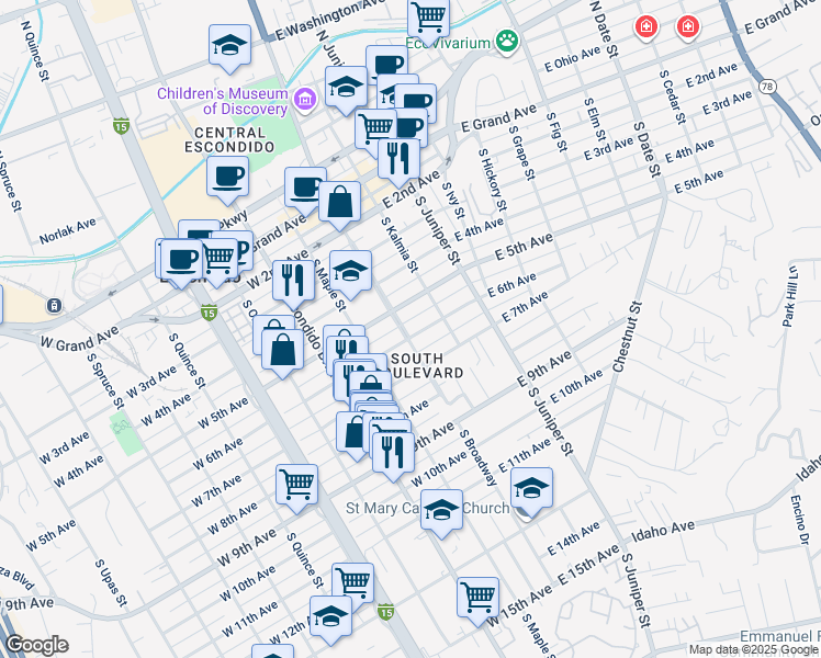 map of restaurants, bars, coffee shops, grocery stores, and more near 103 East 6th Avenue in Escondido