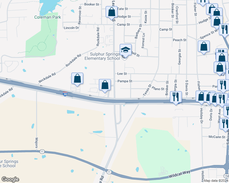 map of restaurants, bars, coffee shops, grocery stores, and more near 1701 Arbala Road in Sulphur Springs