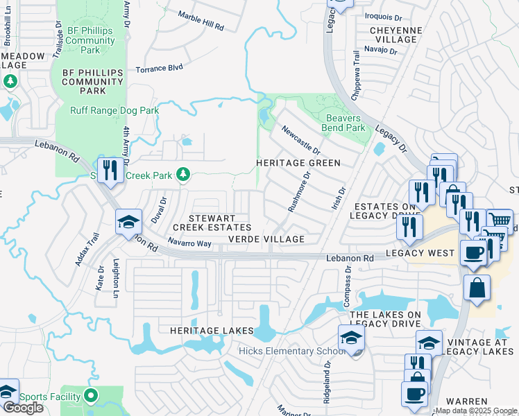 map of restaurants, bars, coffee shops, grocery stores, and more near 4321 Kenmare Trail in Frisco