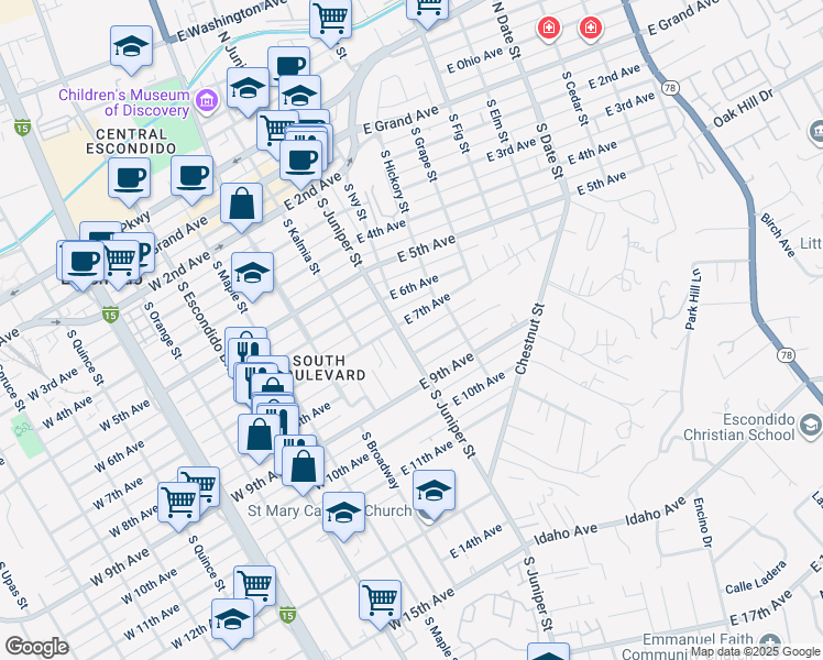 map of restaurants, bars, coffee shops, grocery stores, and more near 700 South Juniper Street in Escondido