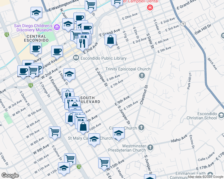 map of restaurants, bars, coffee shops, grocery stores, and more near 700 South Juniper Street in Escondido