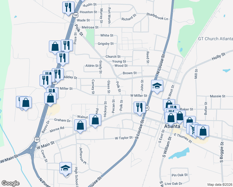 map of restaurants, bars, coffee shops, grocery stores, and more near 205 Polk Street in Atlanta
