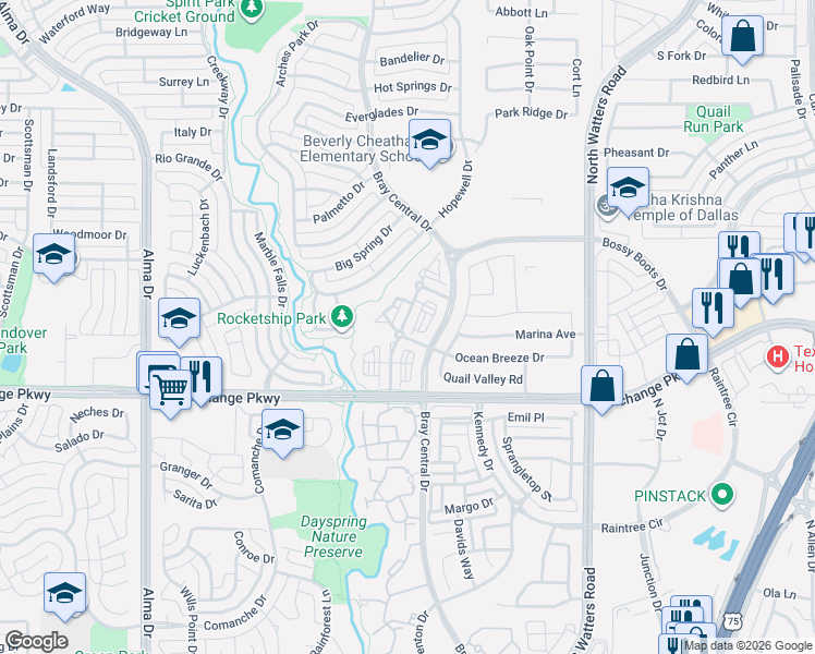map of restaurants, bars, coffee shops, grocery stores, and more near 1090 West Exchange Parkway in Allen