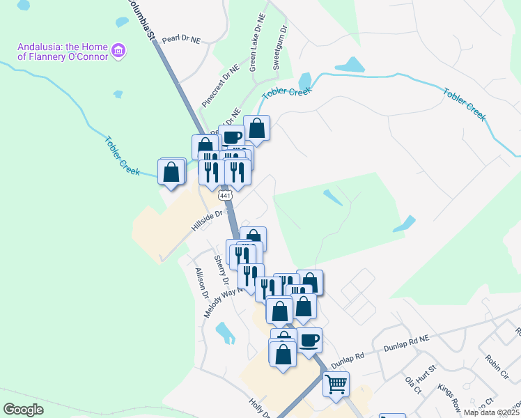 map of restaurants, bars, coffee shops, grocery stores, and more near 3017 Heritage Place in Milledgeville