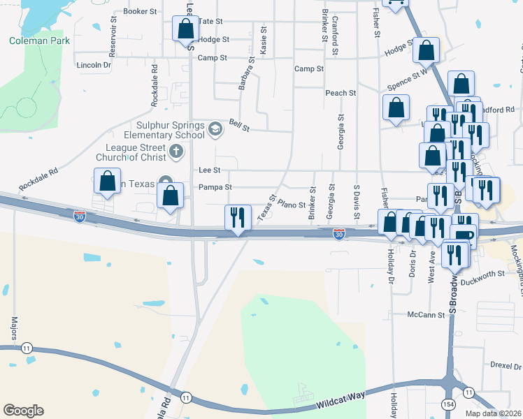 map of restaurants, bars, coffee shops, grocery stores, and more near 534 Industrial Drive West in Sulphur Springs