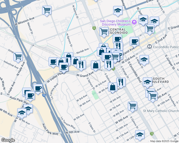 map of restaurants, bars, coffee shops, grocery stores, and more near 700 West Grand Avenue in Escondido