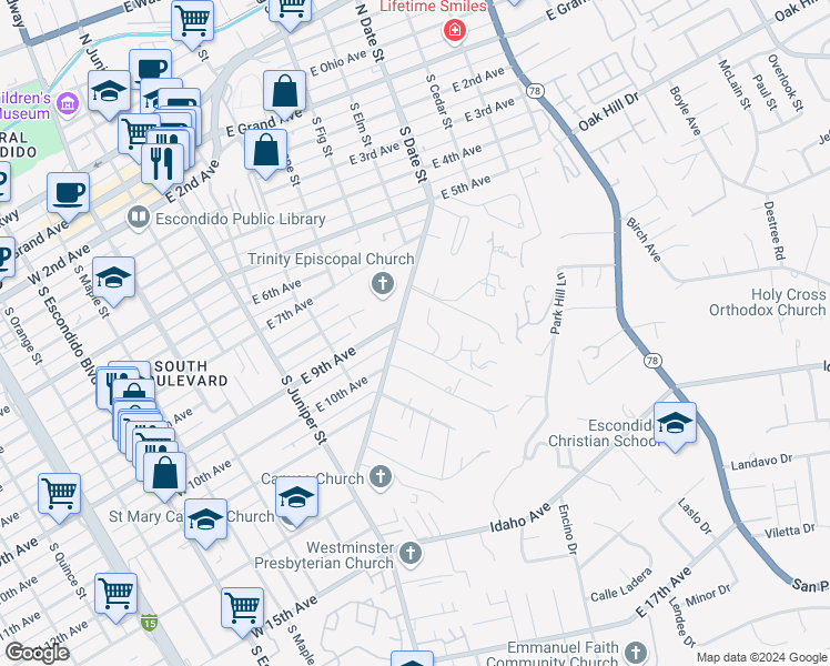 map of restaurants, bars, coffee shops, grocery stores, and more near 915 Park Hill Drive in Escondido