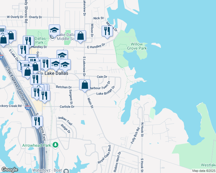 map of restaurants, bars, coffee shops, grocery stores, and more near 621 Lake Bridge Drive in Lake Dallas