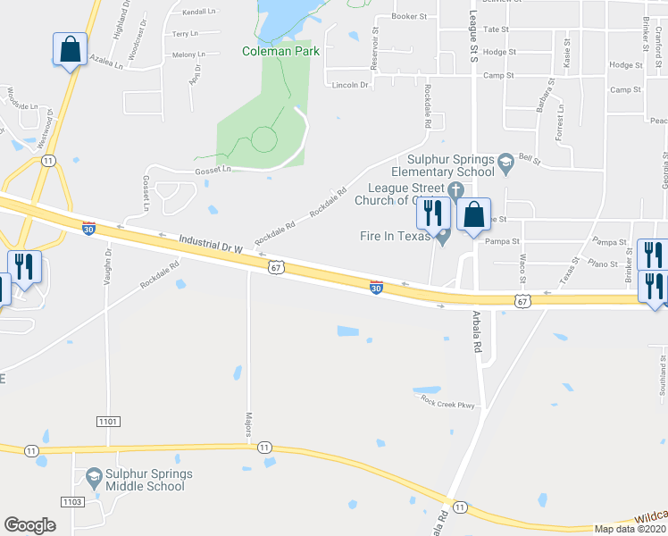 map of restaurants, bars, coffee shops, grocery stores, and more near 1227 Industrial Drive West in Sulphur Springs