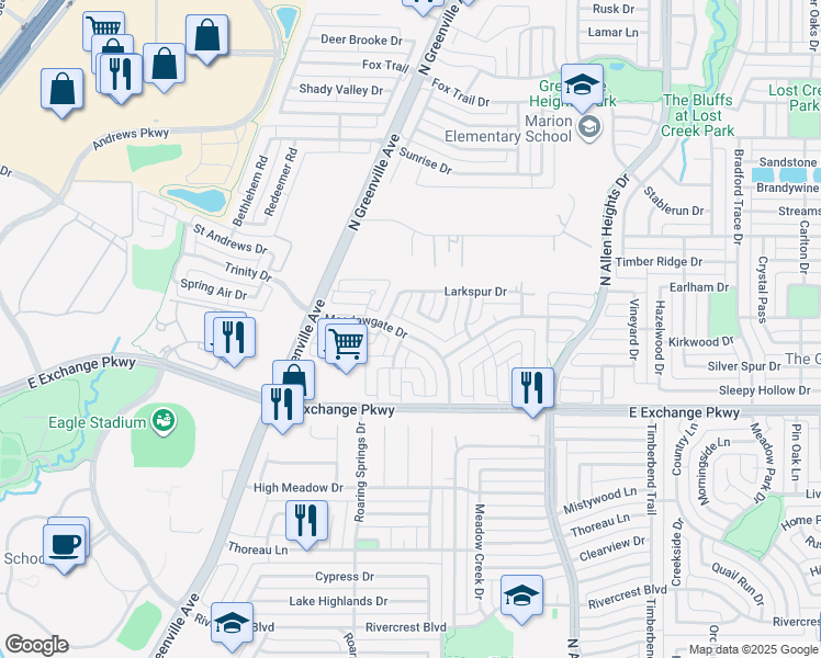map of restaurants, bars, coffee shops, grocery stores, and more near 907 Meadowgate Drive in Allen