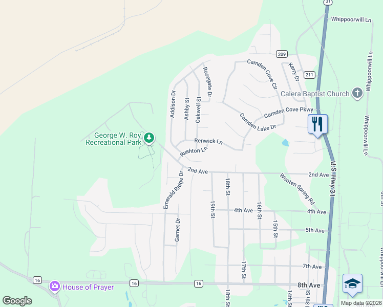 map of restaurants, bars, coffee shops, grocery stores, and more near 109 Addison Drive in Calera
