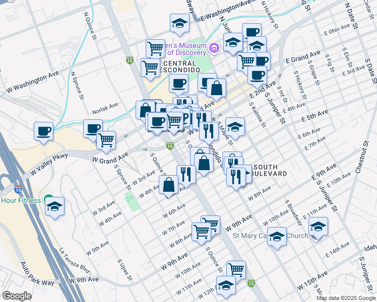 map of restaurants, bars, coffee shops, grocery stores, and more near Royal Glen in Escondido