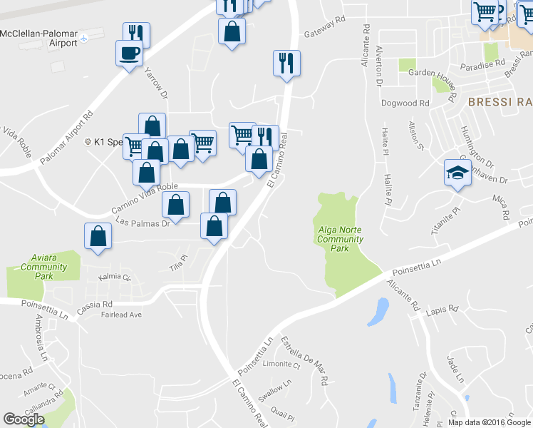 map of restaurants, bars, coffee shops, grocery stores, and more near 6420 Jasper Way in Carlsbad
