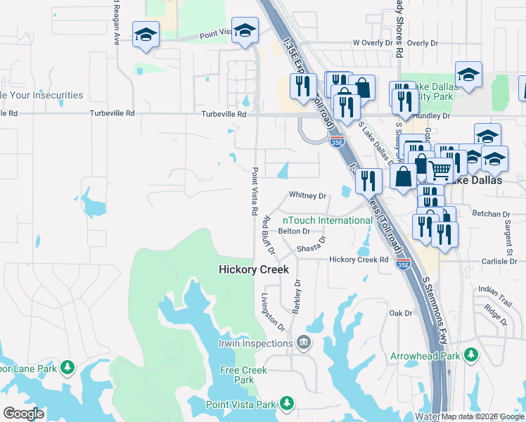 map of restaurants, bars, coffee shops, grocery stores, and more near 114 Red Bluff Drive in Lake Dallas
