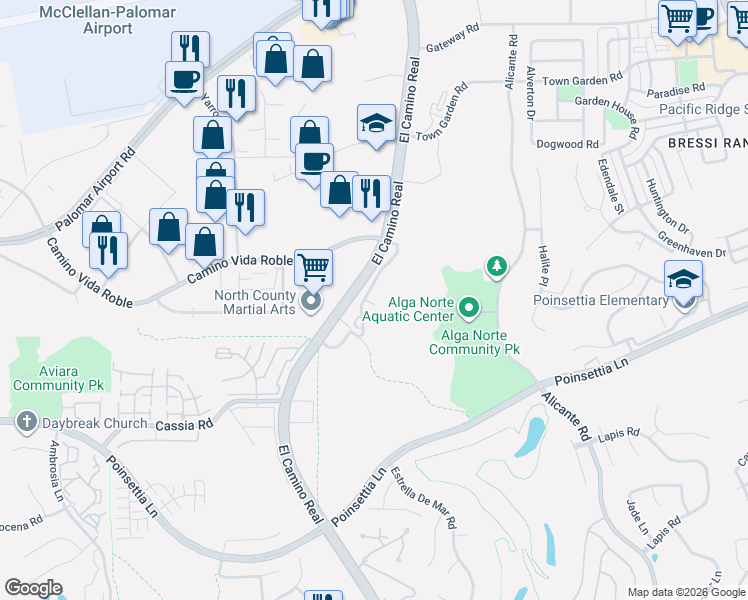 map of restaurants, bars, coffee shops, grocery stores, and more near 2410 Trona Way in Carlsbad