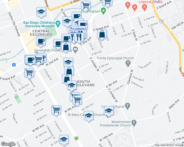 map of restaurants, bars, coffee shops, grocery stores, and more near 213 East 6th Avenue in Escondido